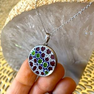 Murano Glass Flower Pendant with Silver Frame - Purple and Green.